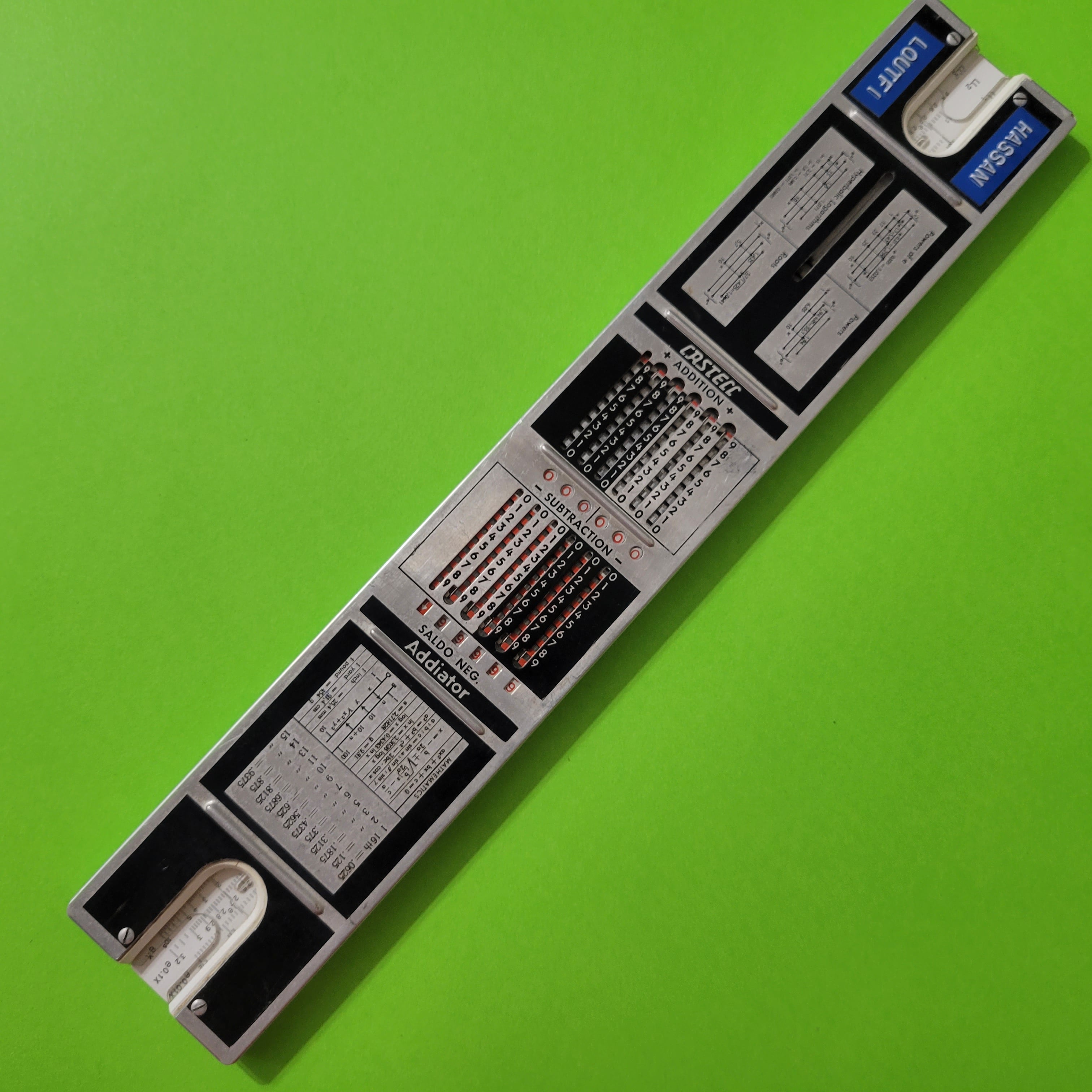 An image of the addiator mechanical calculator on the back of a Faber-Castelle Addiator 111/54 A Darmstadt slide rule